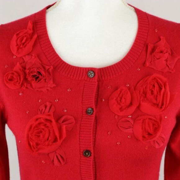 Banana Republic Women's Small Red Merino Wool Blend Embellished Cardigan - Picture 2 of 8